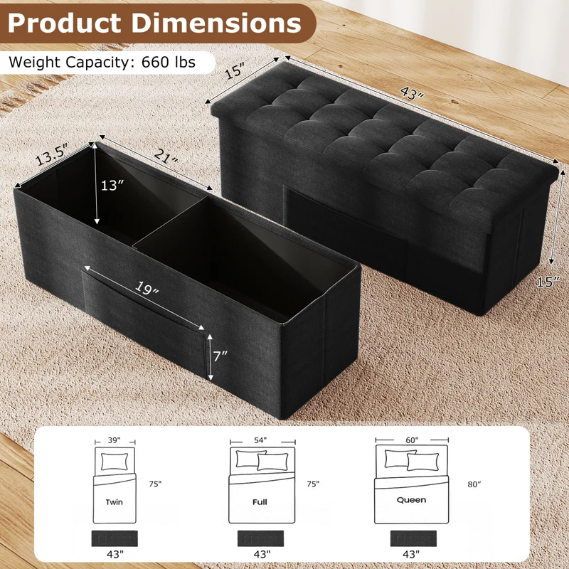 43 Inches Folding Storage Ottoman Bench with Padded Seat, Black