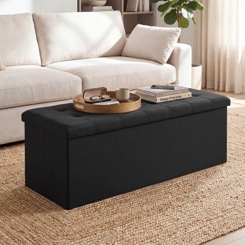 43 Inches Folding Storage Ottoman Bench with Padded Seat, Black