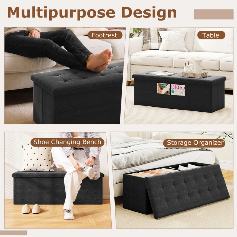 43 Inches Folding Storage Ottoman Bench with Padded Seat, Black