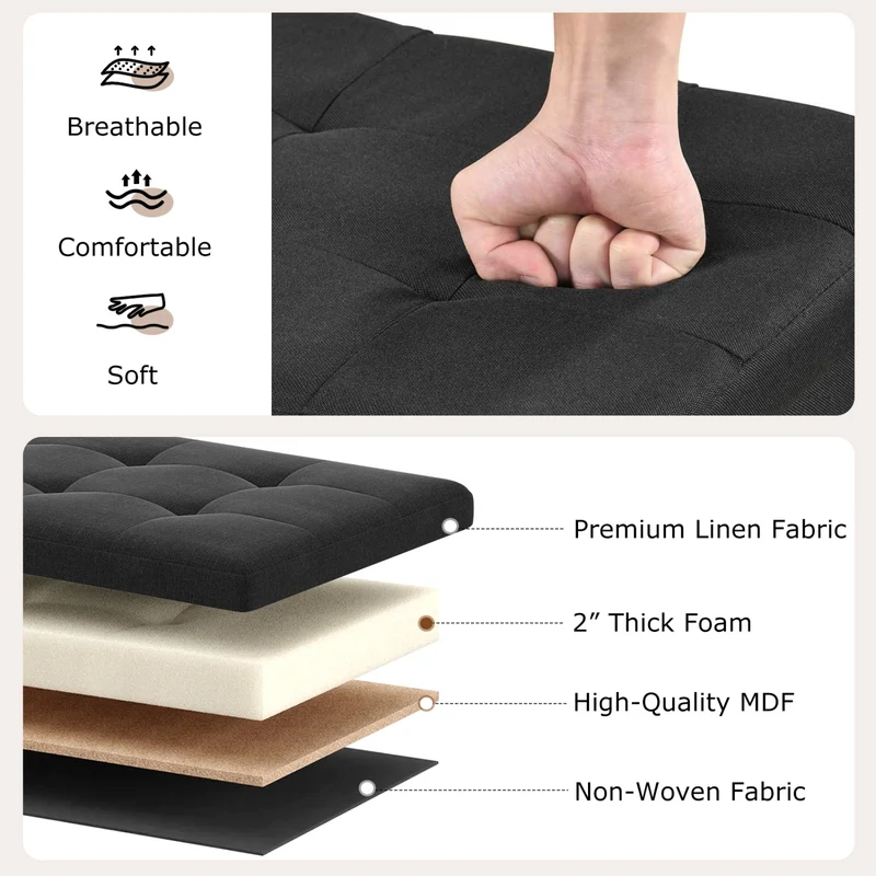 43 Inches Folding Storage Ottoman Bench with Padded Seat, Black