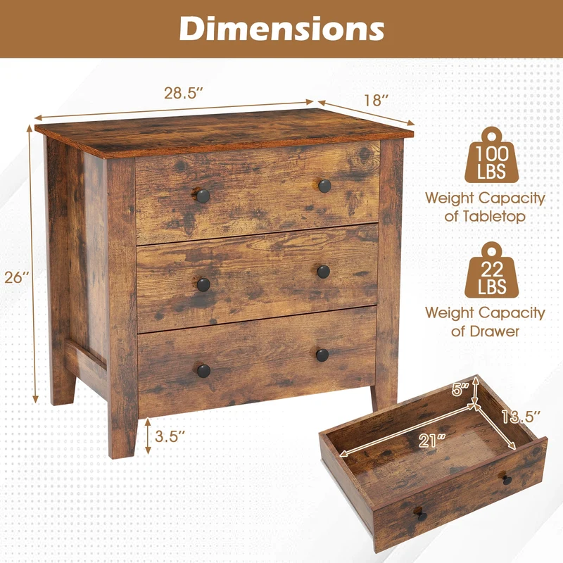 3 Drawer Dresser Chest, Rustic Brown
