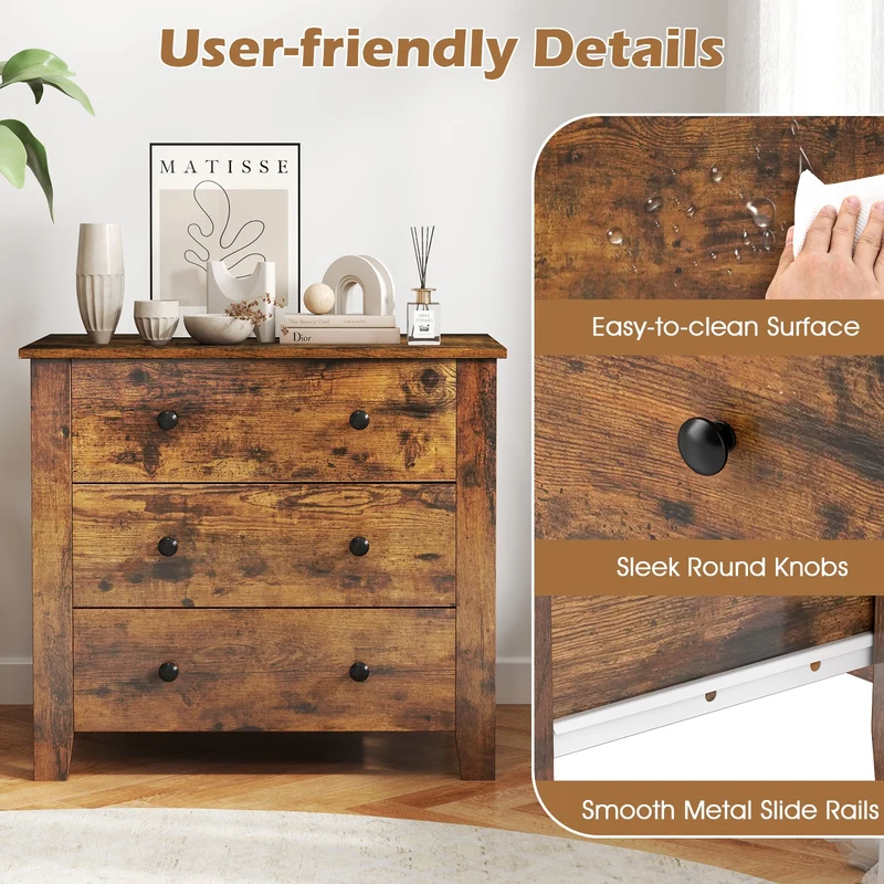 3 Drawer Dresser Chest, Rustic Brown