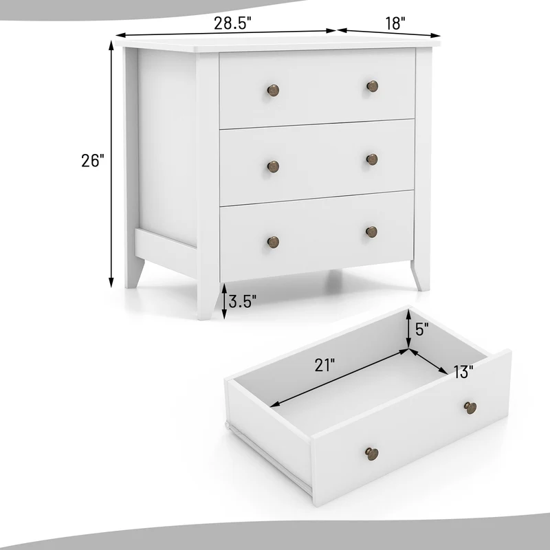 3 Drawer Dresser Chest, White