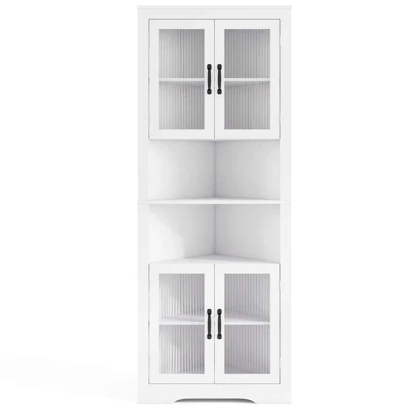 67 Inch Corner Cabinet, Tempered Glass Doors, White
