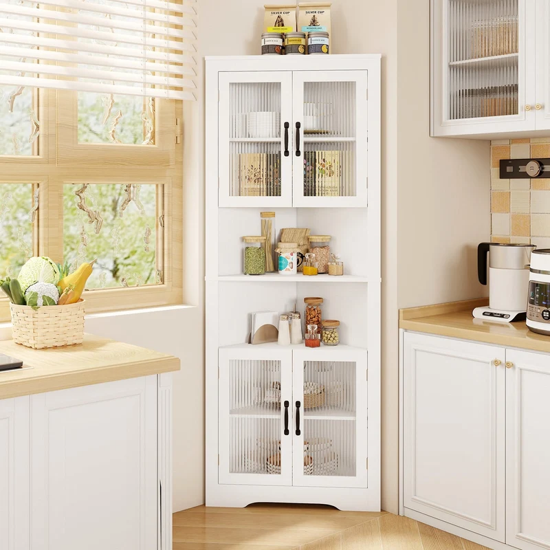 67 Inch Corner Cabinet, Tempered Glass Doors, White