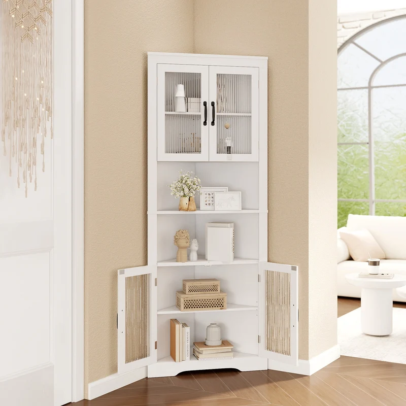 67 Inch Corner Cabinet, Tempered Glass Doors, White