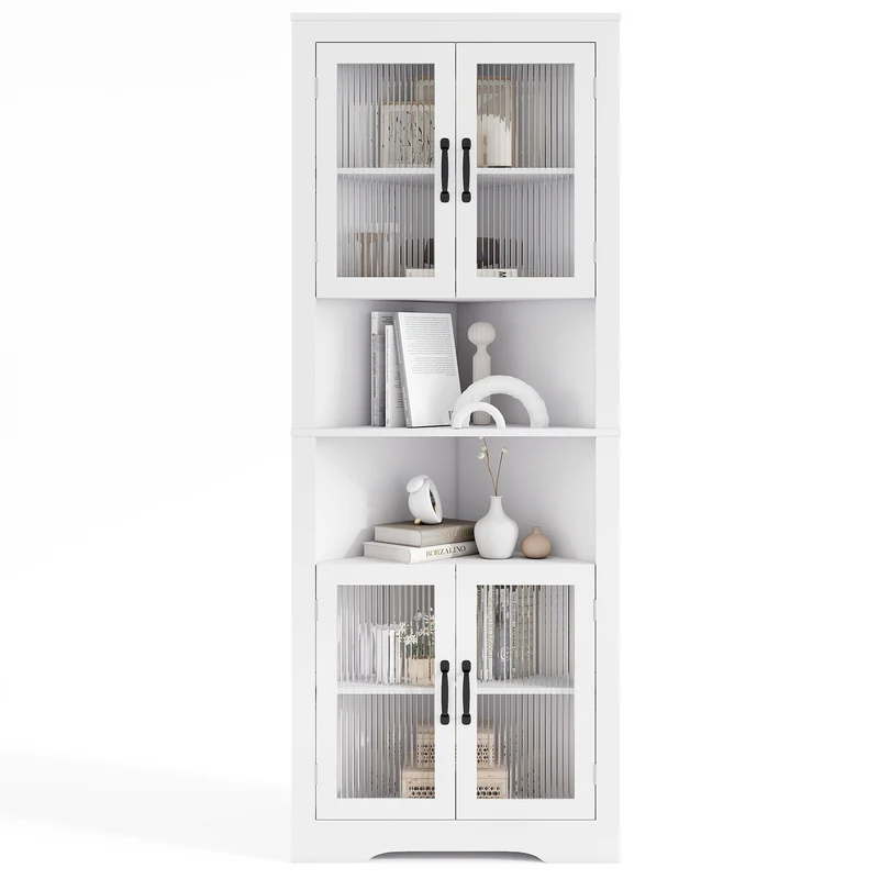 67 Inch Corner Cabinet, Tempered Glass Doors, White
