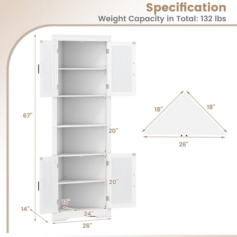 67 Inch Corner Cabinet, Tempered Glass Doors, White