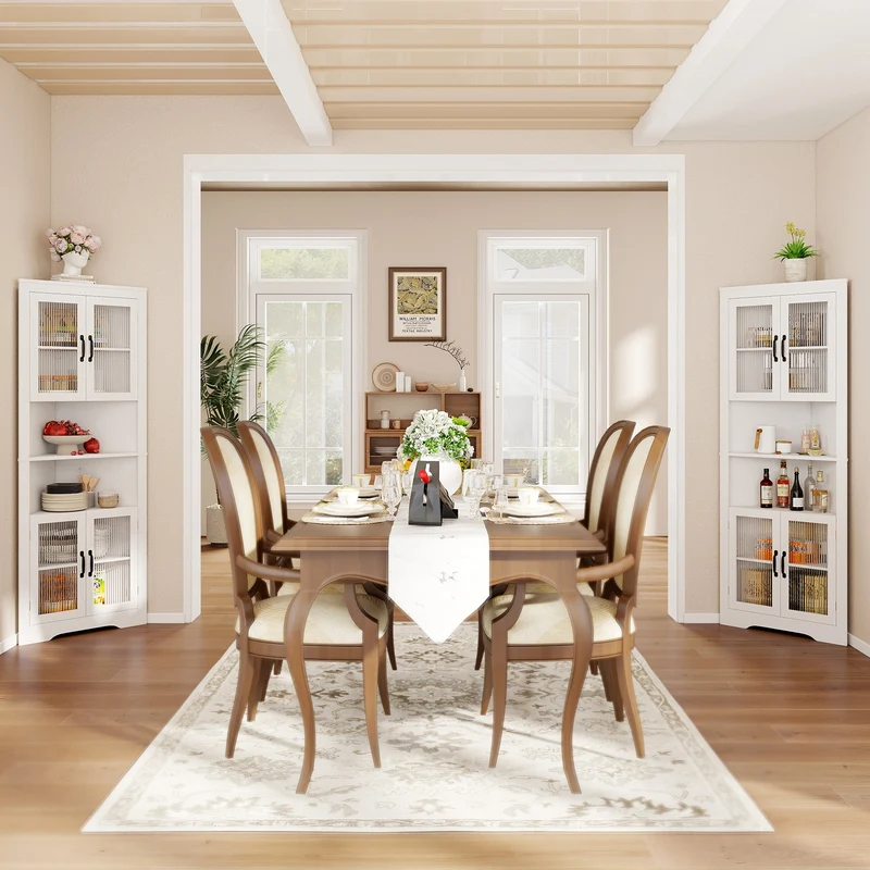 67 Inch Corner Cabinet, Tempered Glass Doors, White