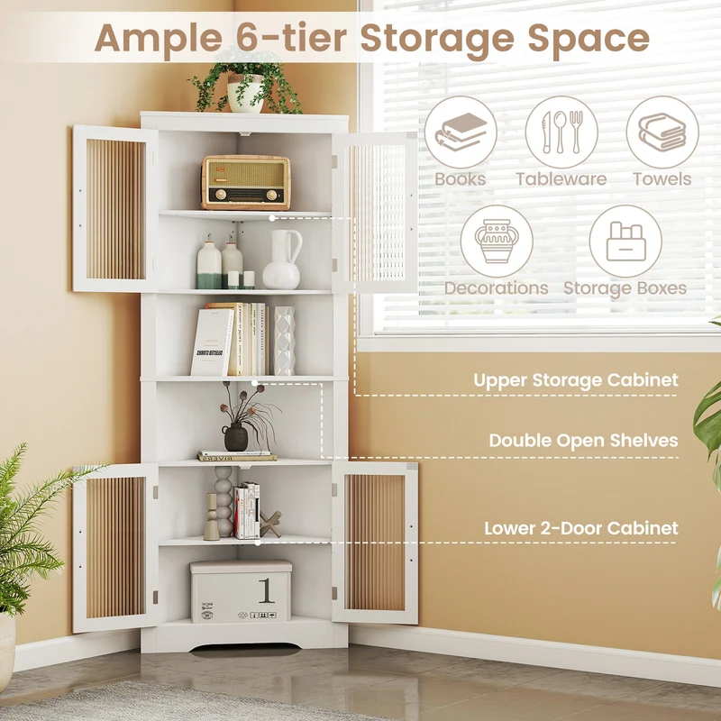 67 Inch Corner Cabinet, Tempered Glass Doors, White