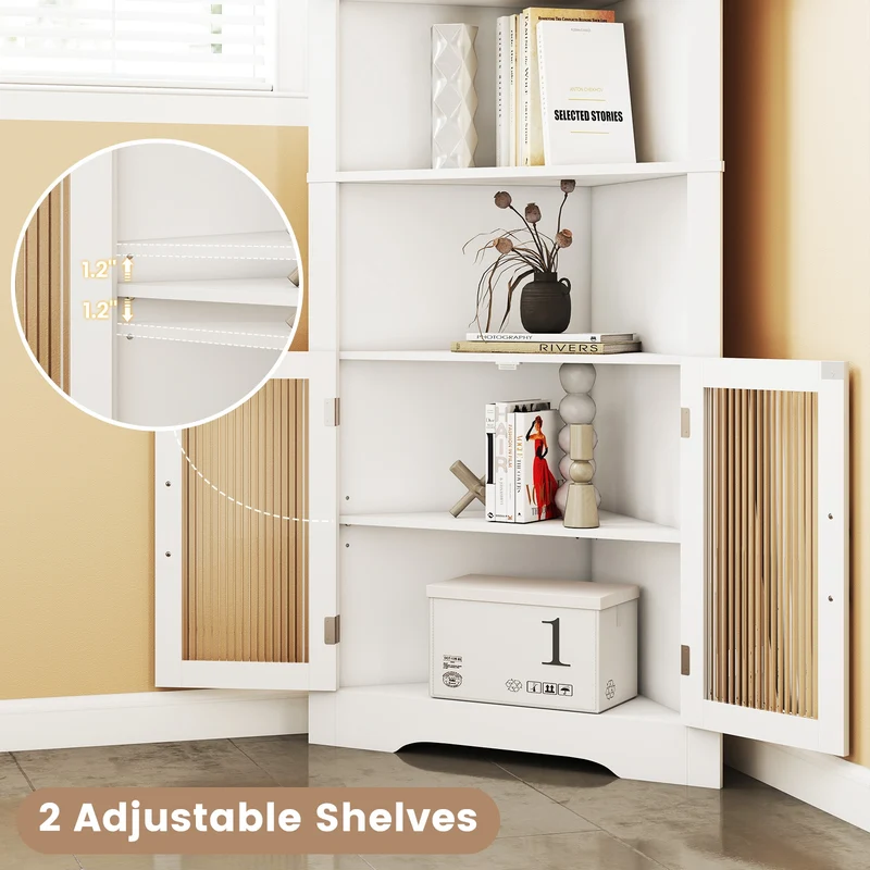67 Inch Corner Cabinet, Tempered Glass Doors, White