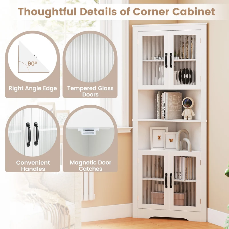 67 Inch Corner Cabinet, Tempered Glass Doors, White