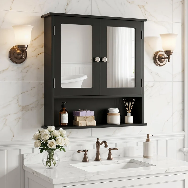 Double Door Wall Mounted Bathroom Mirror Cabinet With Storage Shelf, Black