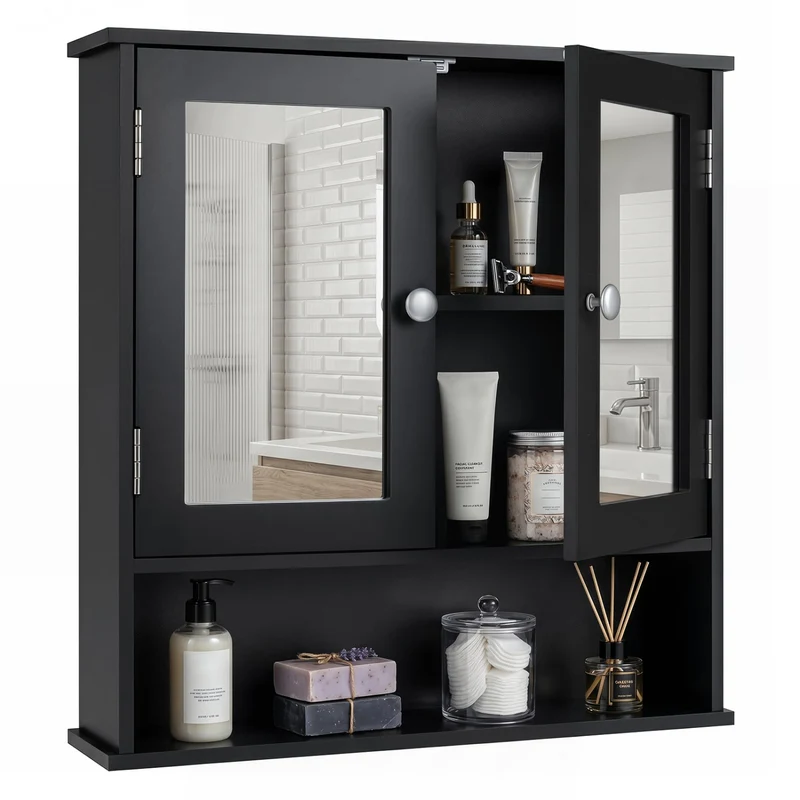 Double Door Wall Mounted Bathroom Mirror Cabinet With Storage Shelf, Black
