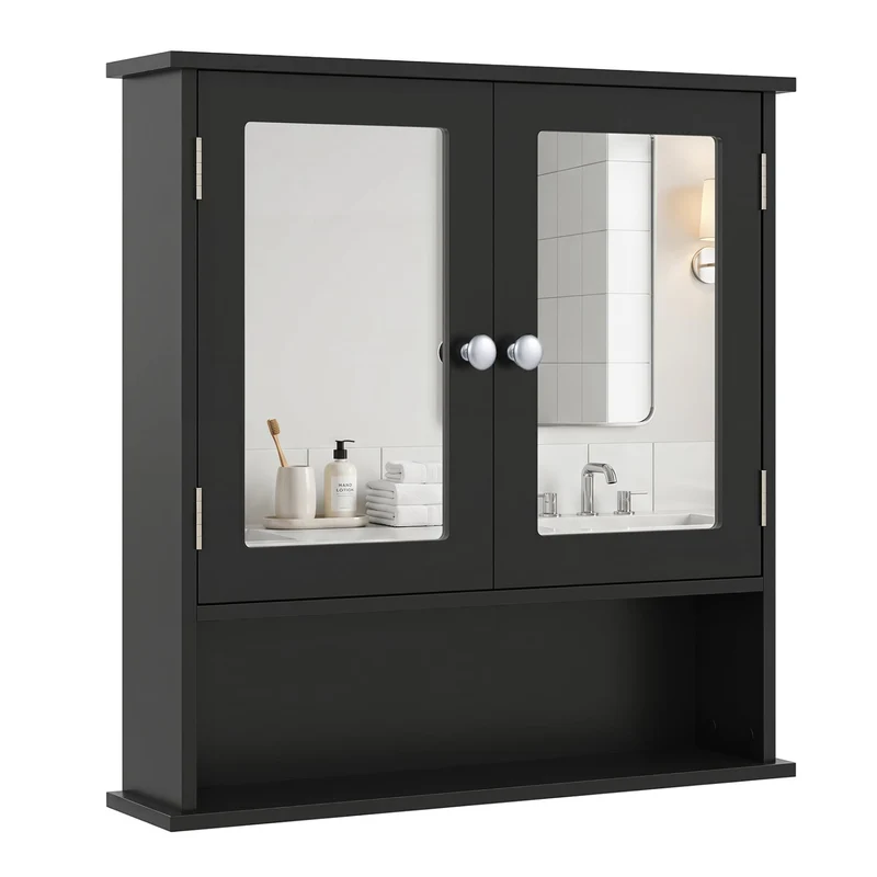 Double Door Wall Mounted Bathroom Mirror Cabinet With Storage Shelf, Black