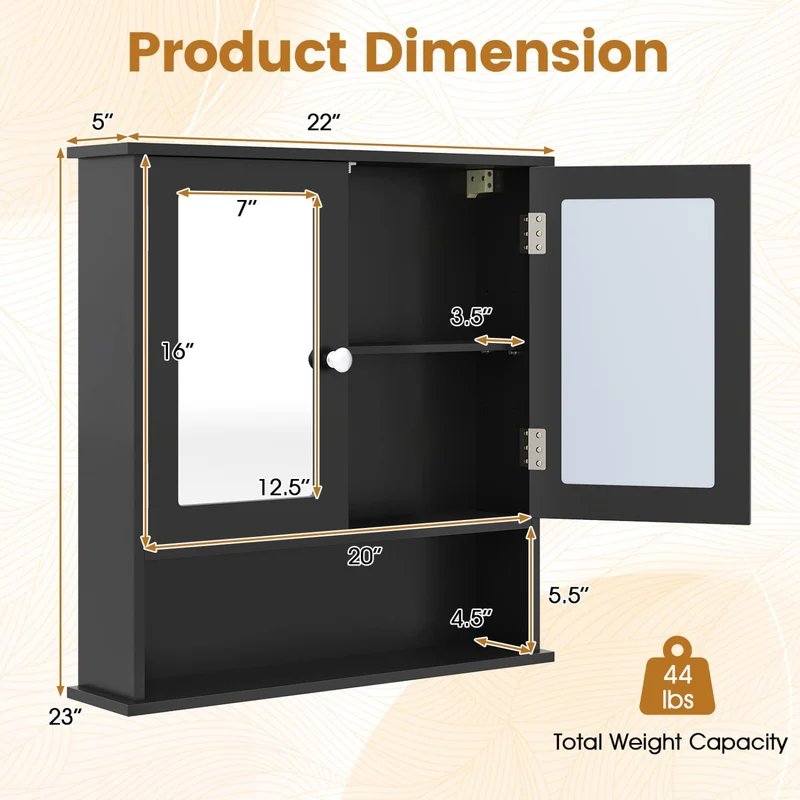 Double Door Wall Mounted Bathroom Mirror Cabinet With Storage Shelf, Black