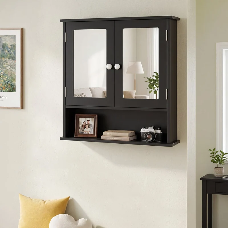 Double Door Wall Mounted Bathroom Mirror Cabinet With Storage Shelf, Black