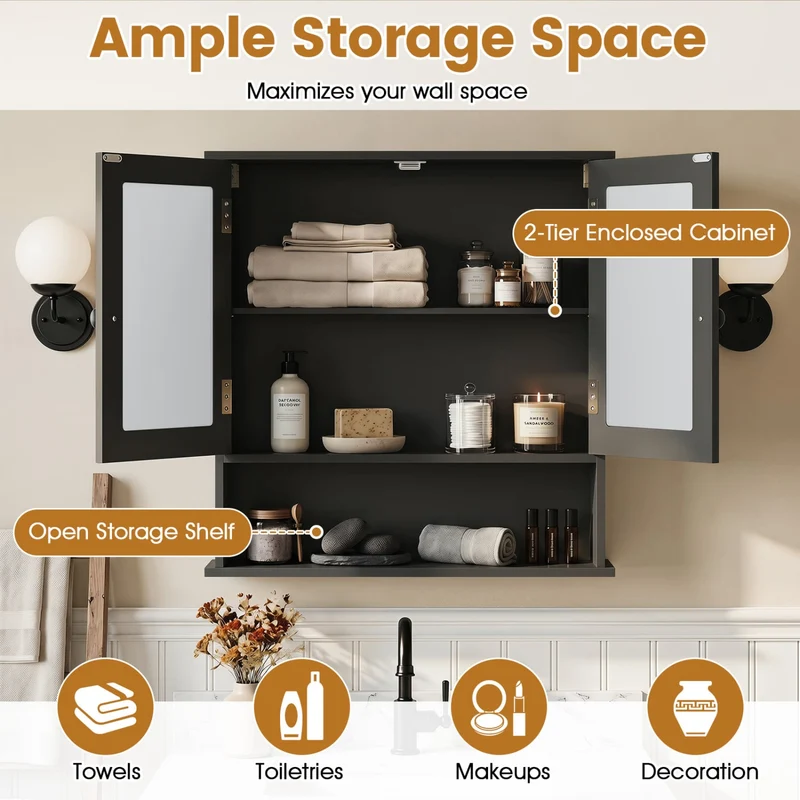 Double Door Wall Mounted Bathroom Mirror Cabinet With Storage Shelf, Black