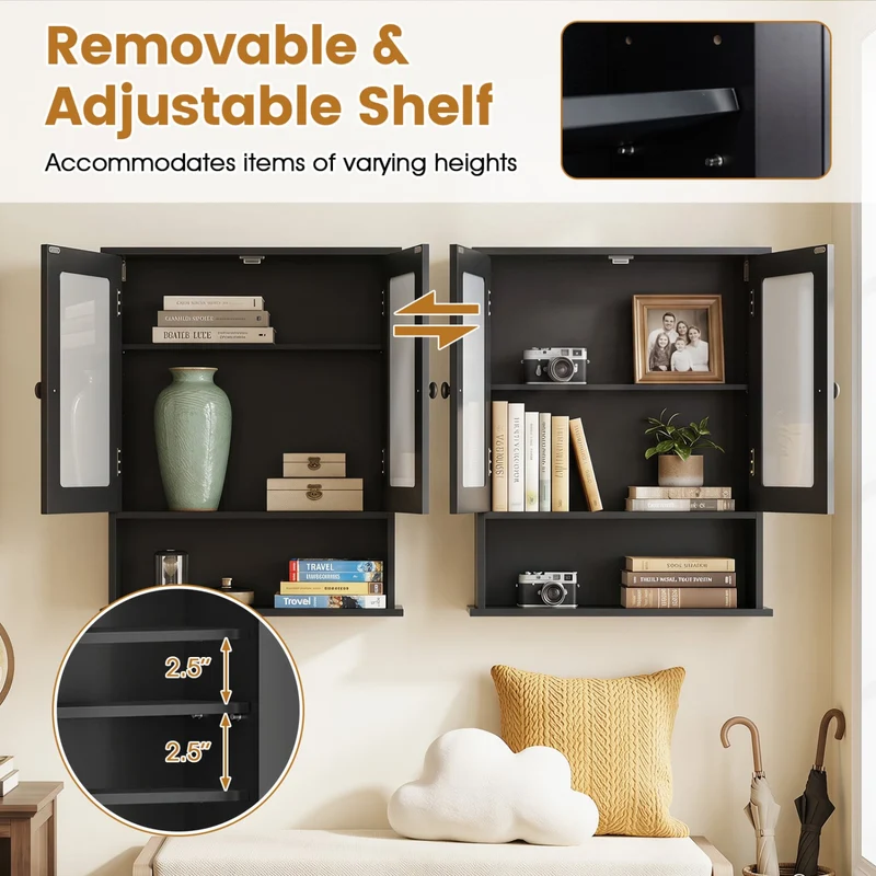 Double Door Wall Mounted Bathroom Mirror Cabinet With Storage Shelf, Black