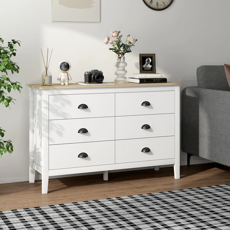 6 Drawer Dresser with Quiet Slides, Modern for Bedroom, White