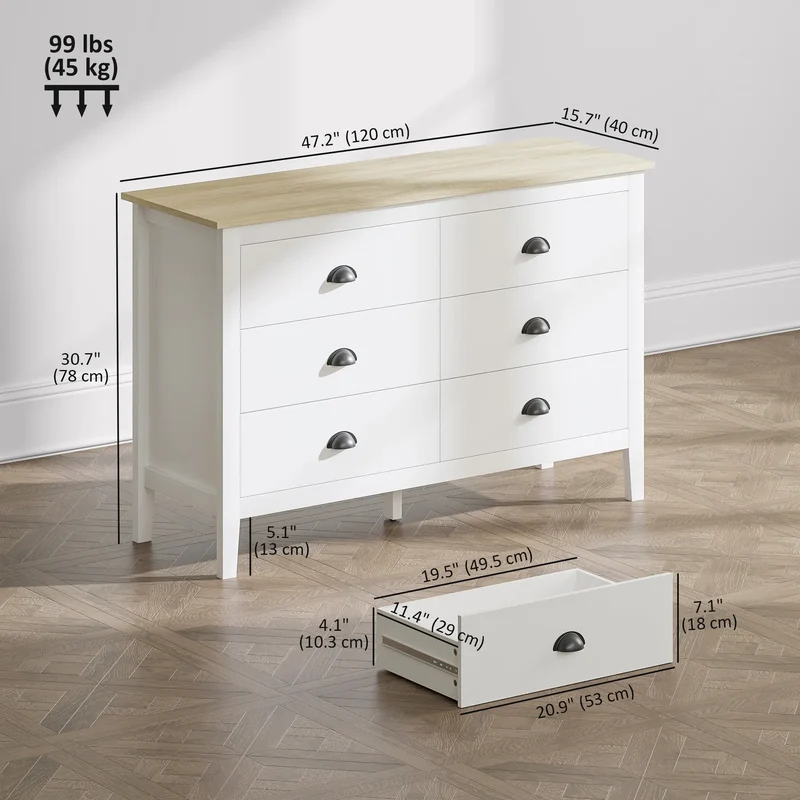 6 Drawer Dresser with Quiet Slides, Modern for Bedroom, White