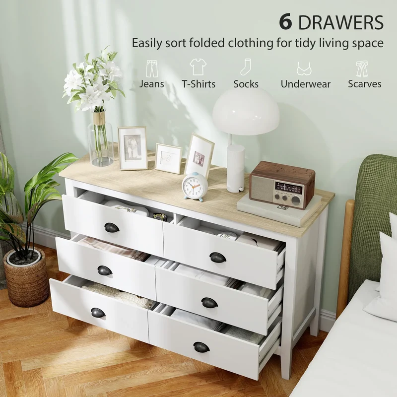6 Drawer Dresser with Quiet Slides, Modern for Bedroom, White