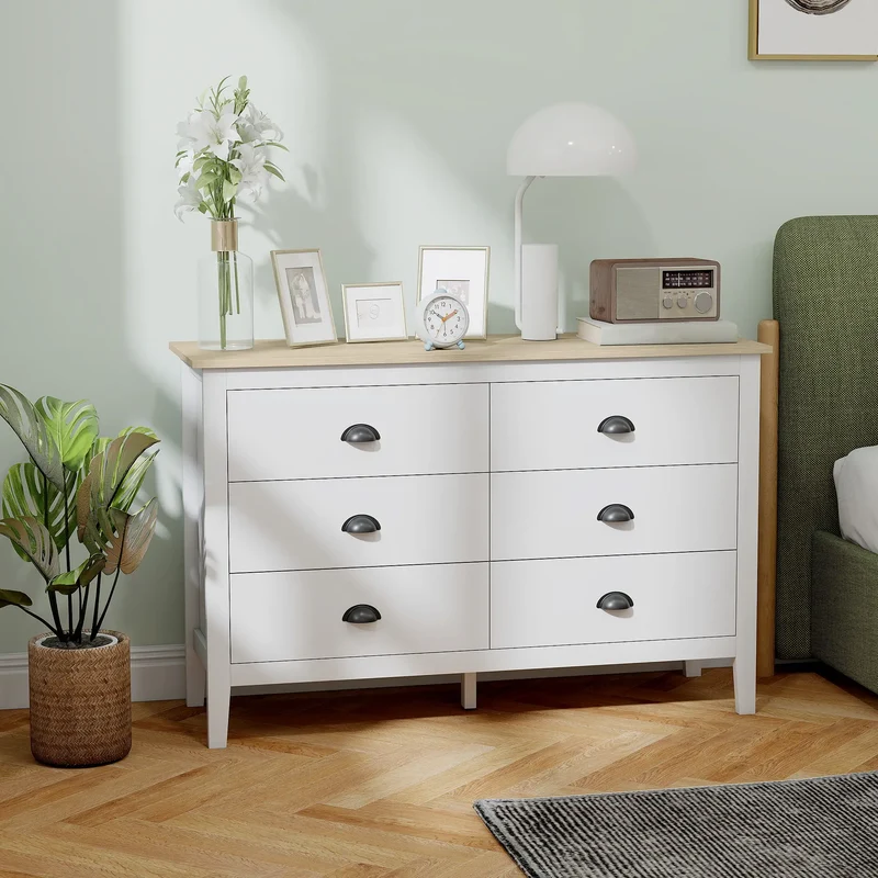 6 Drawer Dresser with Quiet Slides, Modern for Bedroom, White