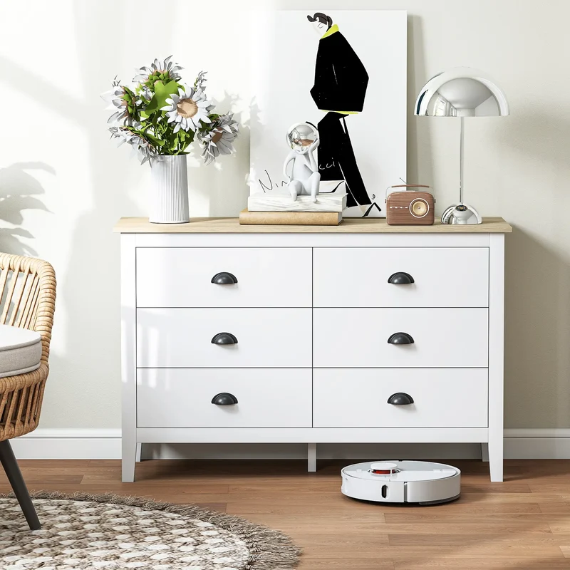 6 Drawer Dresser with Quiet Slides, Modern for Bedroom, White