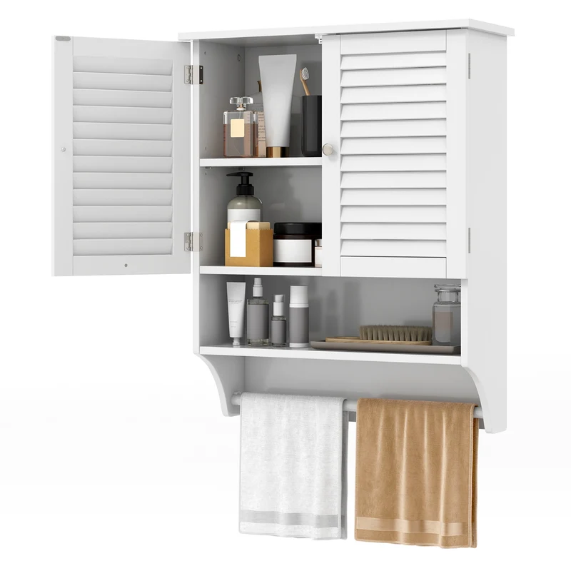 2-Door Wall Mounted Medicine Cabinet With Towel Bar, White