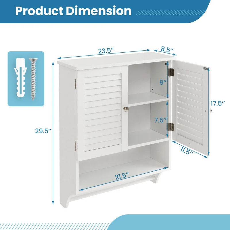 2-Door Wall Mounted Medicine Cabinet With Towel Bar, White