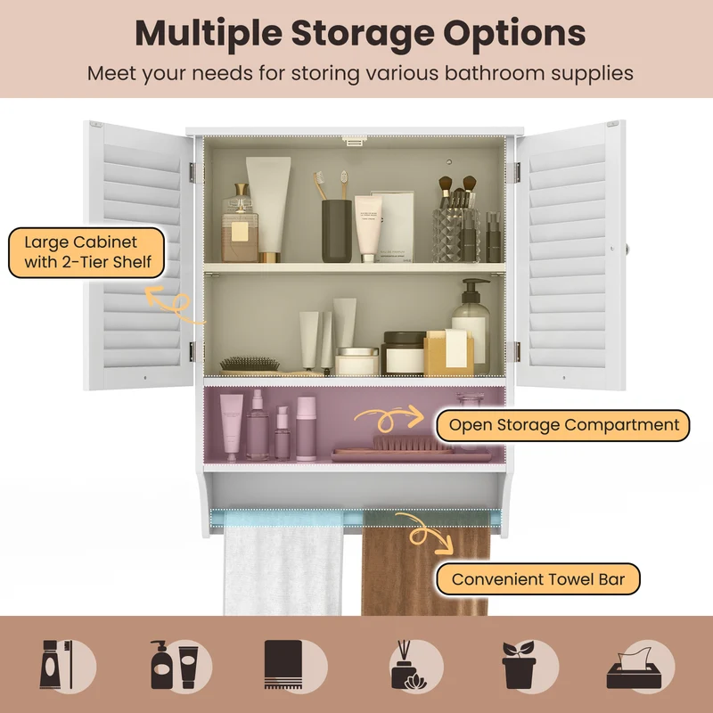2-Door Wall Mounted Medicine Cabinet With Towel Bar, White