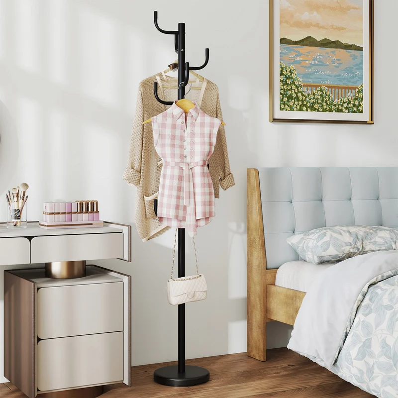 Metal Coat Rack Stand, 8 Sturdy Hooks, Metal Base, Black