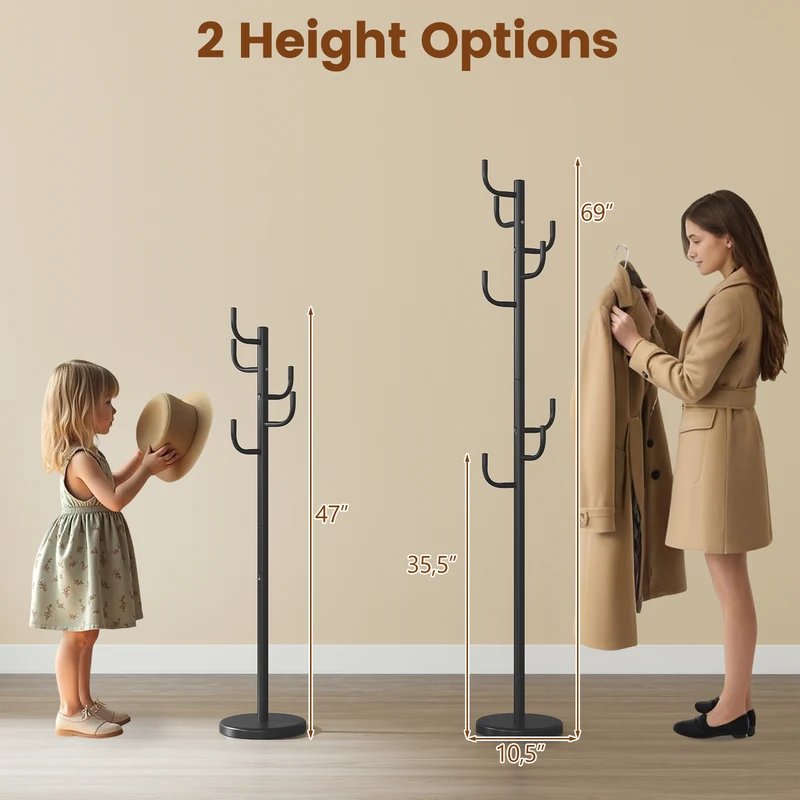 Metal Coat Rack Stand, 8 Sturdy Hooks, Metal Base, Black