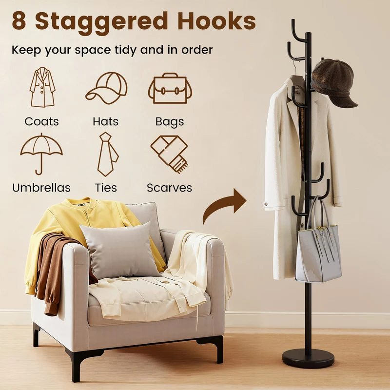 Metal Coat Rack Stand, 8 Sturdy Hooks, Metal Base, Black