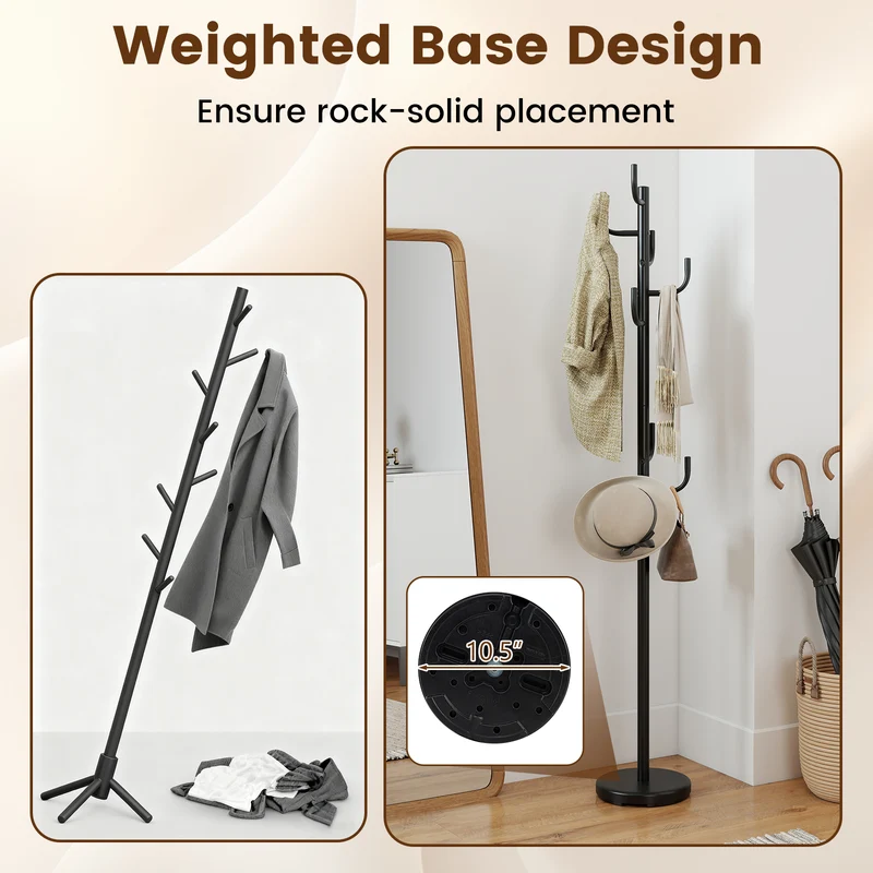 Metal Coat Rack Stand, 8 Sturdy Hooks, Metal Base, Black