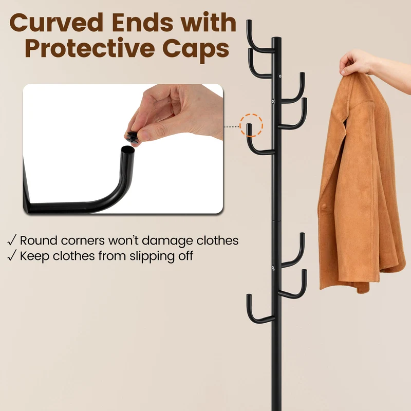 Metal Coat Rack Stand, 8 Sturdy Hooks, Metal Base, Black