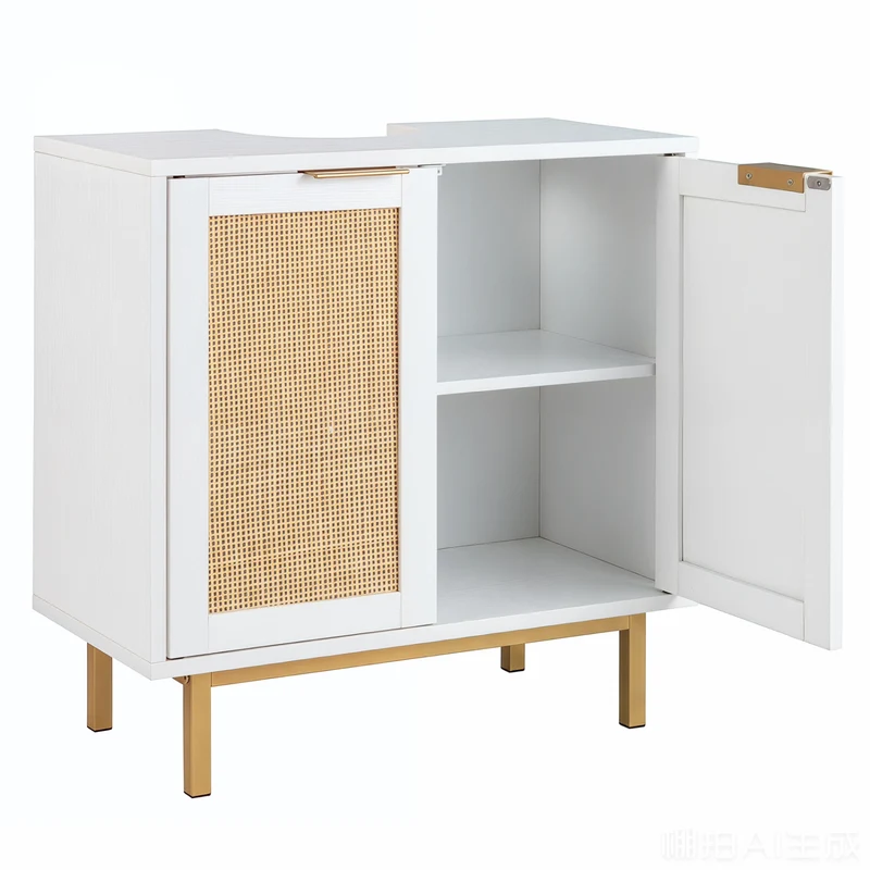Bathroom Vanity Cabinet with U-Shaped Cut-Out 2 Rattan Doors and Shelf, White