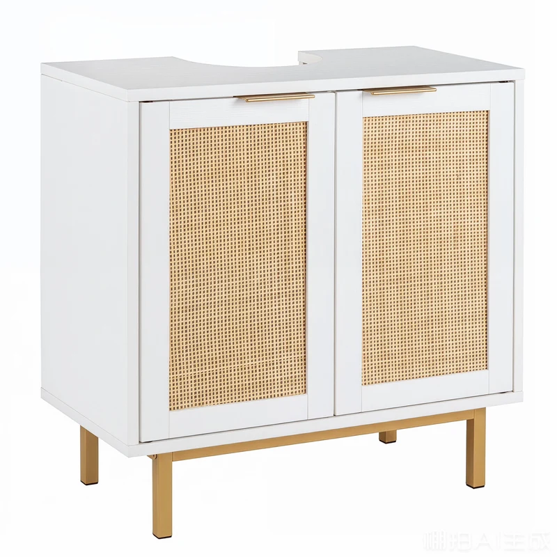 Bathroom Vanity Cabinet with U-Shaped Cut-Out 2 Rattan Doors and Shelf, White