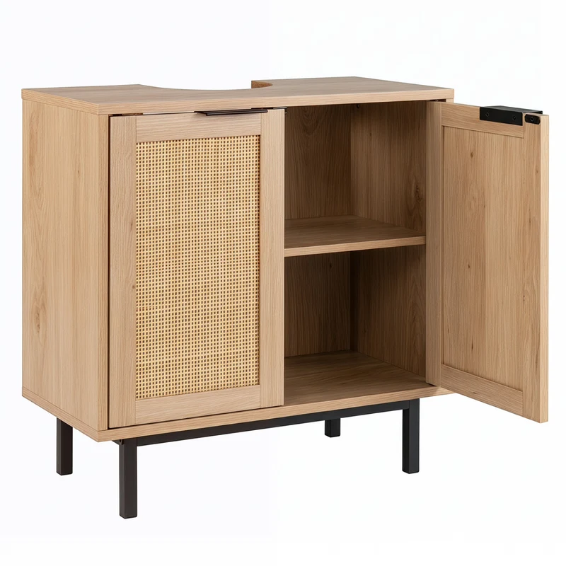 Bathroom Vanity Cabinet with U-Shaped Cut-Out 2 Rattan Doors and Shelf, Natural