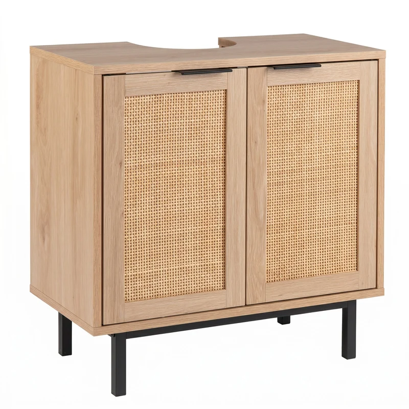 Bathroom Vanity Cabinet with U-Shaped Cut-Out 2 Rattan Doors and Shelf, Natural