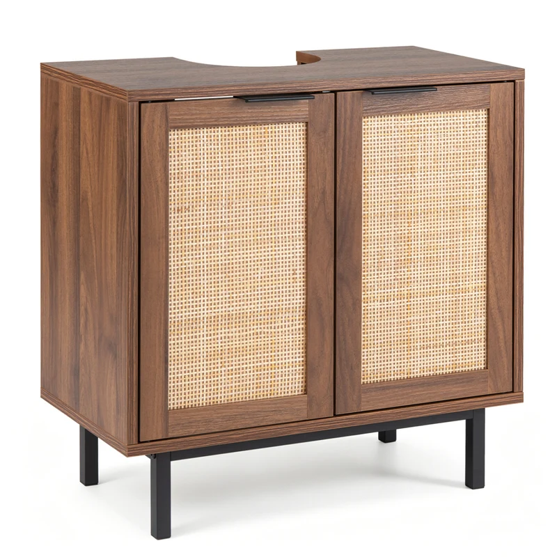 Bathroom Vanity Cabinet with U-Shaped Cut-Out 2 Rattan Doors and Shelf, Brown