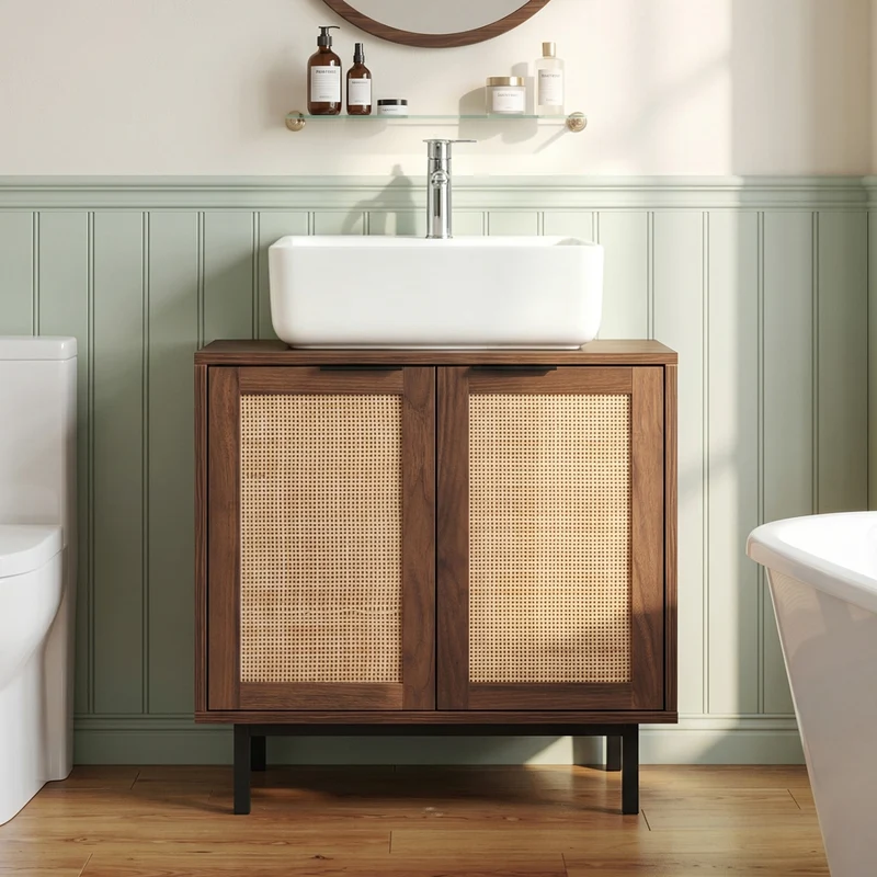 Bathroom Vanity Cabinet with U-Shaped Cut-Out 2 Rattan Doors and Shelf, Brown
