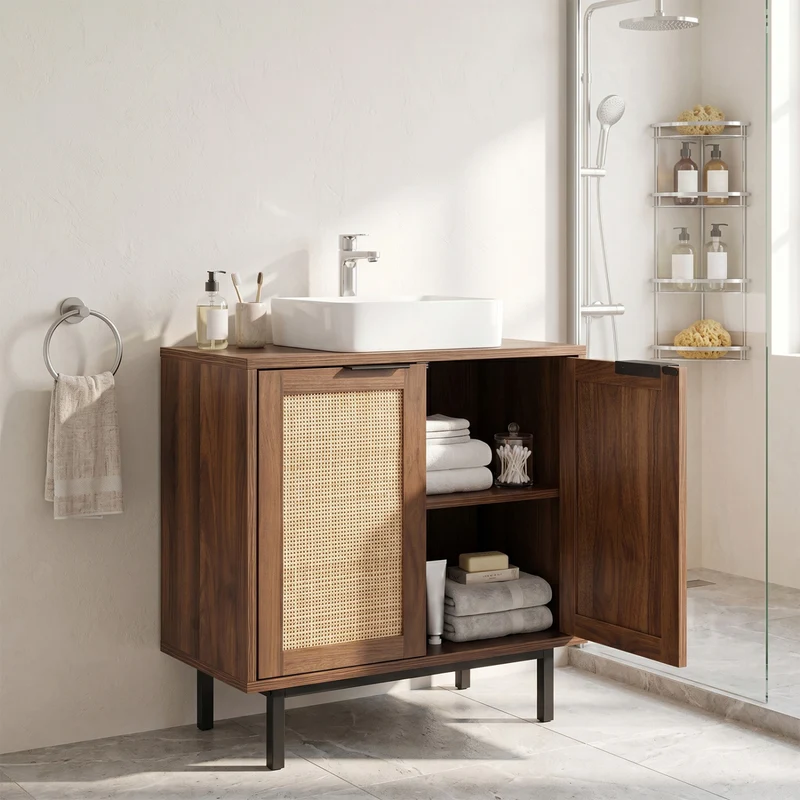Bathroom Vanity Cabinet with U-Shaped Cut-Out 2 Rattan Doors and Shelf, Brown