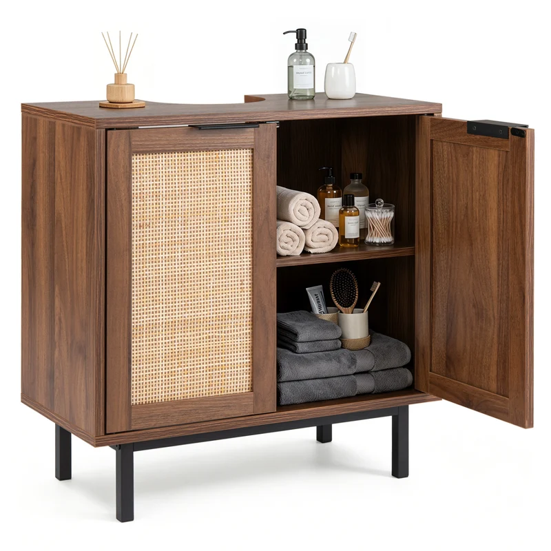 Bathroom Vanity Cabinet with U-Shaped Cut-Out 2 Rattan Doors and Shelf, Brown