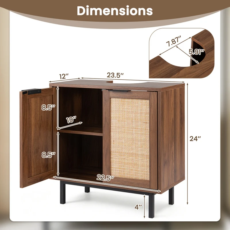 Bathroom Vanity Cabinet with U-Shaped Cut-Out 2 Rattan Doors and Shelf, Brown