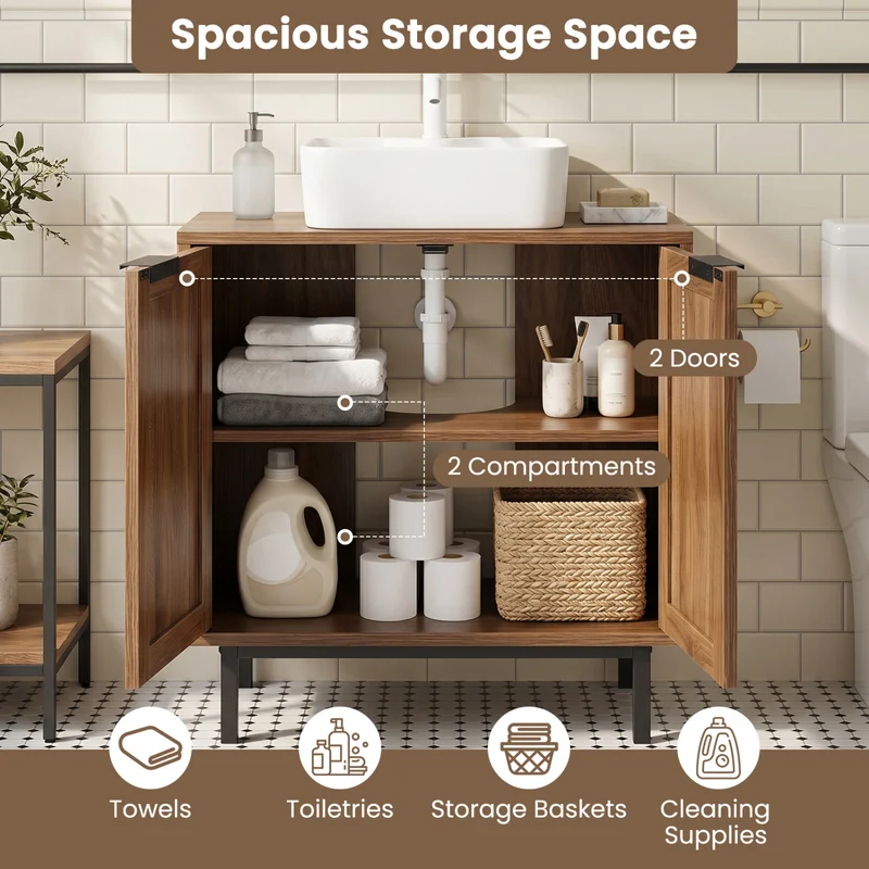 Bathroom Vanity Cabinet with U-Shaped Cut-Out 2 Rattan Doors and Shelf, Brown