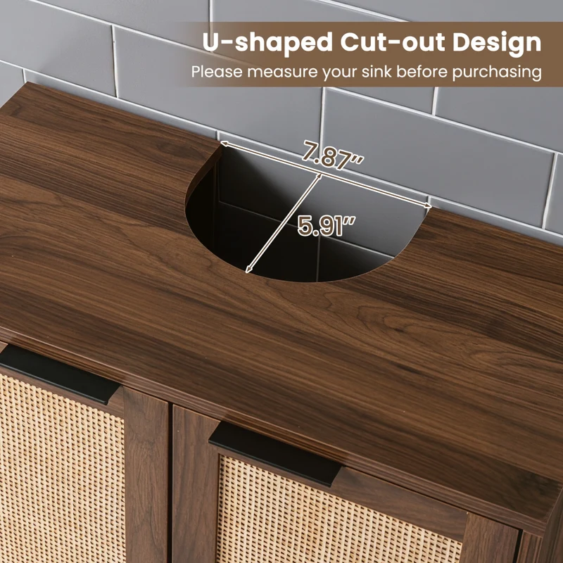 Bathroom Vanity Cabinet with U-Shaped Cut-Out 2 Rattan Doors and Shelf, Brown