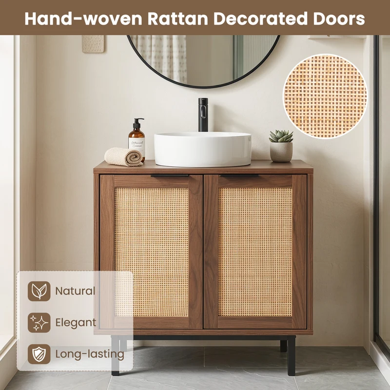 Bathroom Vanity Cabinet with U-Shaped Cut-Out 2 Rattan Doors and Shelf, Brown
