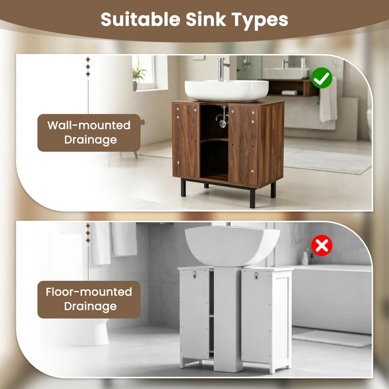 Bathroom Vanity Cabinet with U-Shaped Cut-Out 2 Rattan Doors and Shelf, Brown