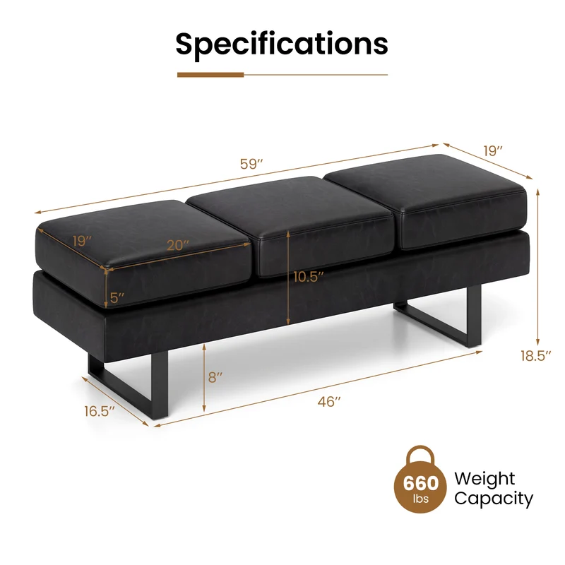 Metal Frame Waiting Room Bench, Black
